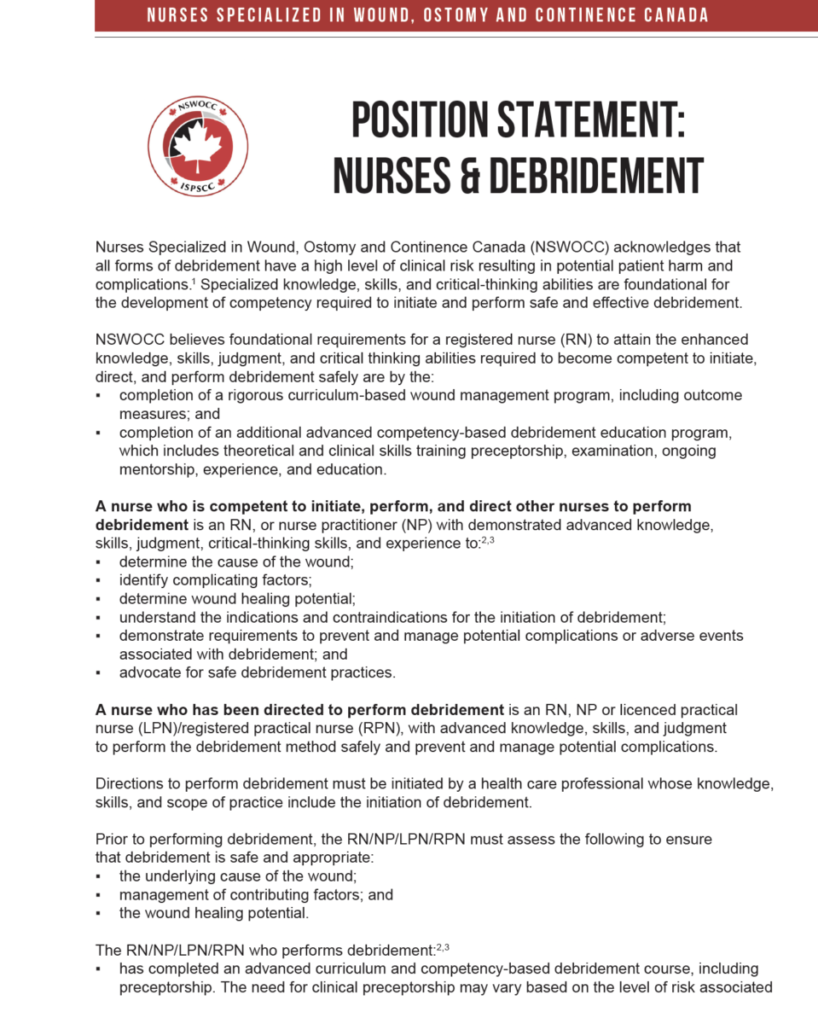 NSWOCC position statement on nurses and debridement, first page