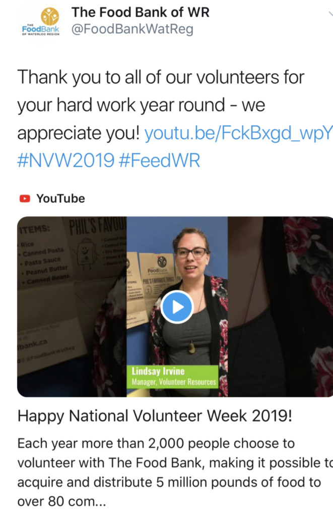 The Food Bank of Waterloo Region @FoodBankWatReg, National Volunteer Week 2019, Lindsay Irvine