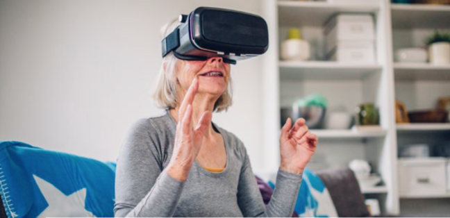 The Future of Aging, SE Heath, older person wearing VR goggles